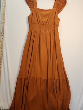 Poppies and Roses Rust Orange Smocked Ruffle Sleeve Maxi Dress